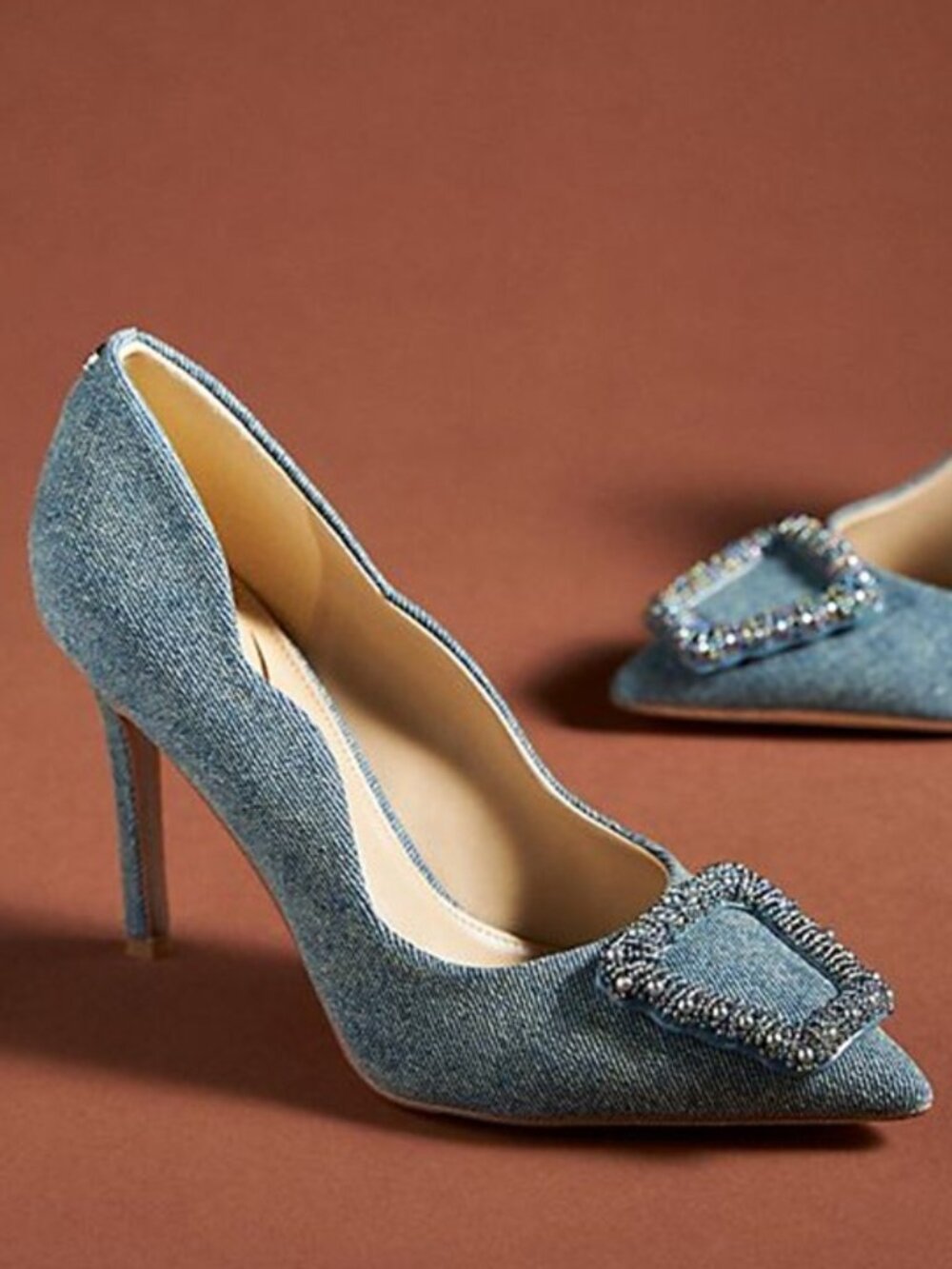 Sam Edelman Harriet Denim Pearl Emblem Pump Heels Size 9 EUC